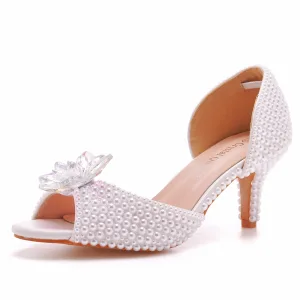 Sexy Blanche Cristal Perle Chaussure De Mariée 2023 6 Cm Talons Aiguilles Peep Toes Bout Ouvert Mariage Sandales Talons Hauts