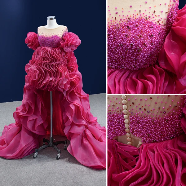 High-end Fashion Fuchsia Beading Pearl Rhinestone Sequins Cascading Ruffles Prom Dresses 2022 A-Line / Princess Asymmetrical Scoop Neck Short Sleeve Prom