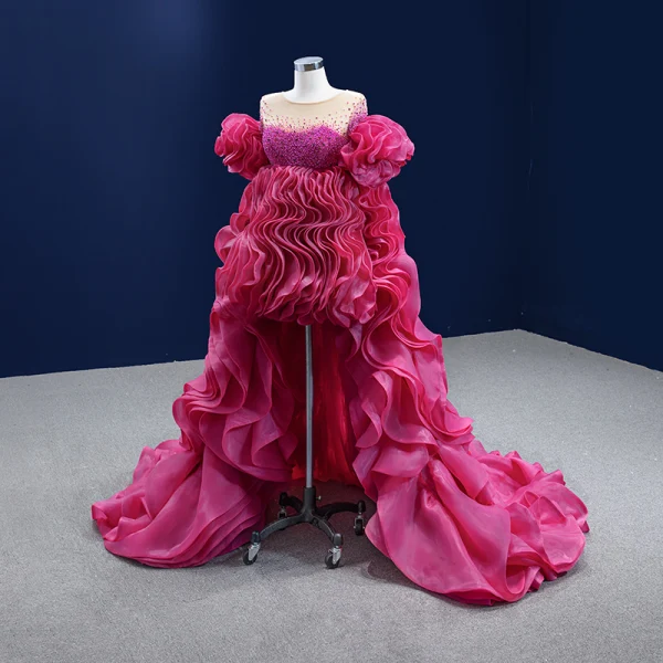 High-end Fashion Fuchsia Beading Pearl Rhinestone Sequins Cascading Ruffles Prom Dresses 2022 A-Line / Princess Asymmetrical Scoop Neck Short Sleeve Prom