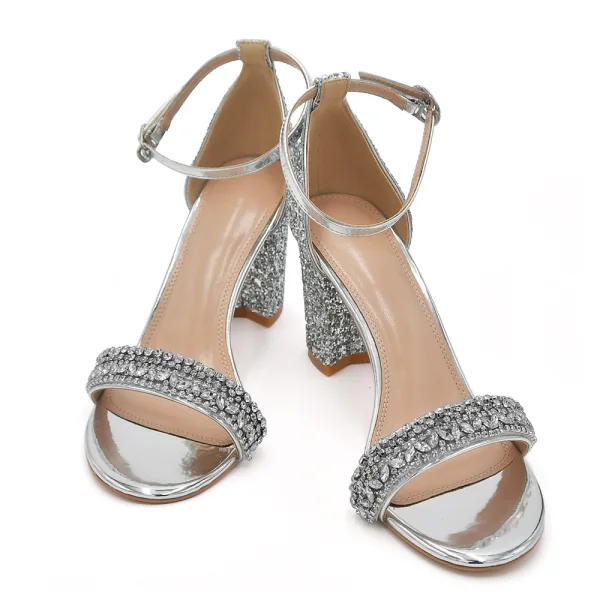 Seksowne Błyszczące Srebrny Rhinestone Cekiny Buty Ślubne 2023 8 cm Grubym Obcasie Z Paskiem Peep Toe Ślub Sandały Wysokie Obcasy