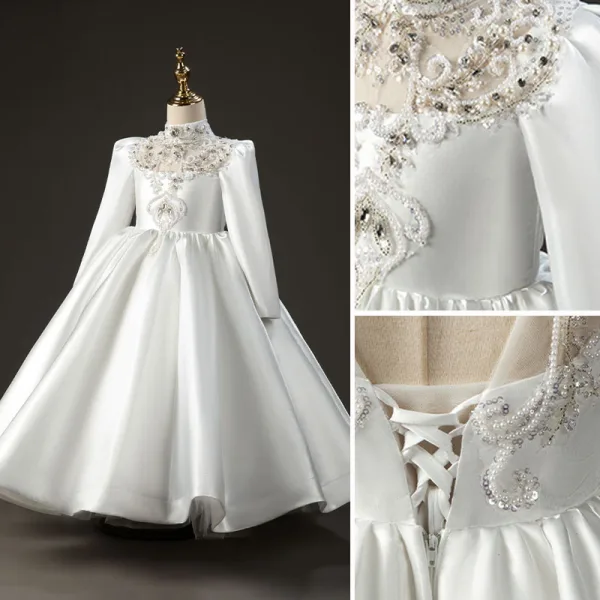 Fashion Ivory Beading Pearl Sequins Rhinestone Satin Birthday Flower Girl Dresses 2022 Ball Gown High Neck Long Sleeve Backless Floor-Length / Long Flower Girl Dresses