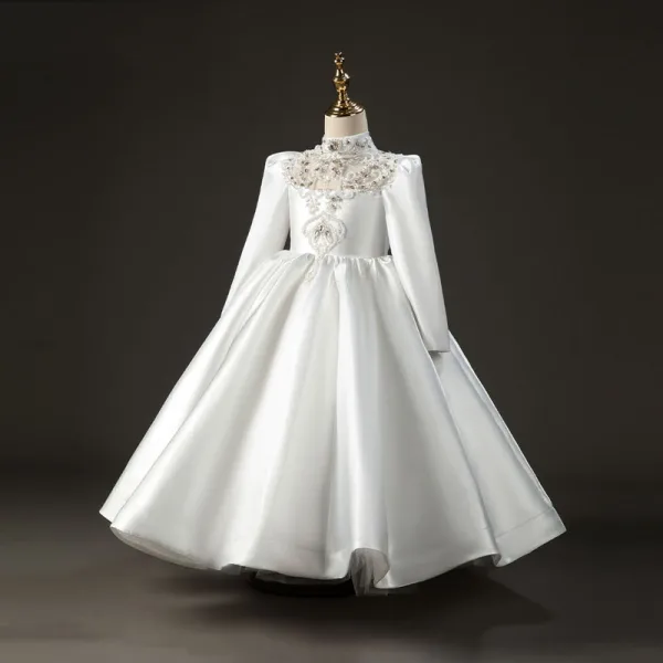Fashion Ivory Beading Pearl Sequins Rhinestone Satin Birthday Flower Girl Dresses 2022 Ball Gown High Neck Long Sleeve Backless Floor-Length / Long Flower Girl Dresses