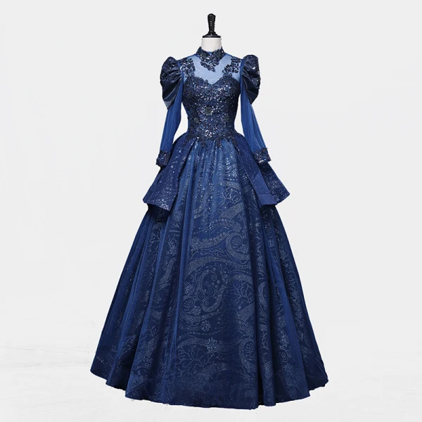 Vintage / Originale Bleu Marine Perlage Paillettes En Dentelle Fleur Robe De Bal 2023 Robe Boule Col Haut 3/4 Manches Longue Promo Robe De Ceremonie
