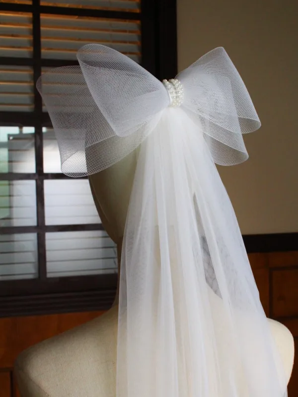 Modest / Simple White Bow 1 m Wedding Veils 2025 Tulle