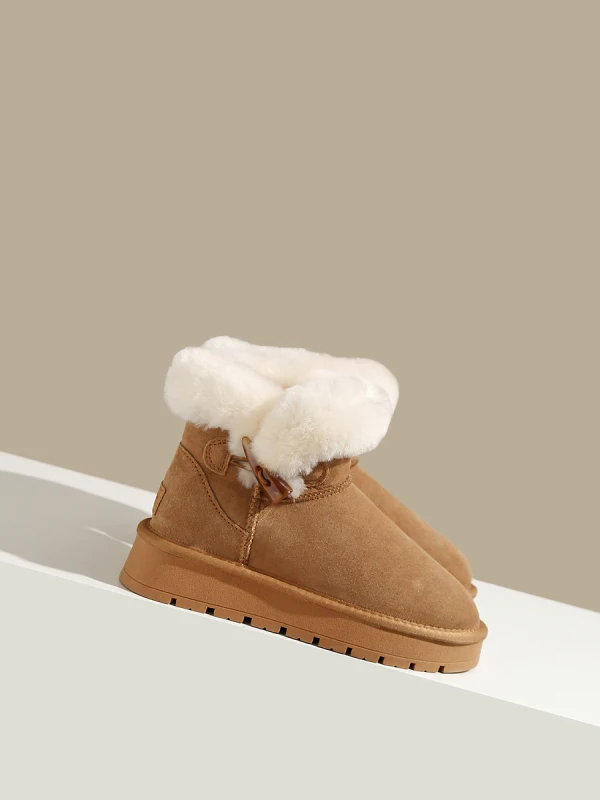 Garder au chaud Marron Hiver Daim Bottes De Neige 2024 Vêtement de rue Cuir À Bout Rond Sandales Femme