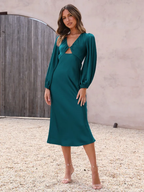Sexy Dark Green Holiday Beach Satin Women Dresses 2023 Deep V-Neck Long Sleeve Backless Lace Up Tea-length Womens Clothing