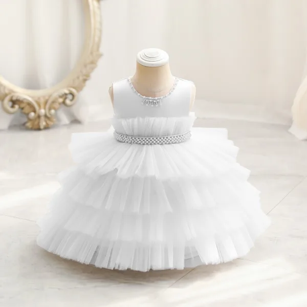 Chic / Beautiful Sky Blue Cascading Ruffles Birthday Flower Girl Dresses 2023 Ball Gown Scoop Neck Sleeveless Pearl Sash Floor-Length / Long Flower Girl Dresses