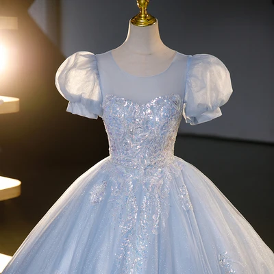 Chic / Beautiful Sky Blue Beading Sequins Prom Dresses 2023 Ball Gown Scoop Neck Puffy Short Sleeve Backless Floor-Length / Long Prom Formal Dresses