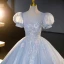 Chic / Beautiful Sky Blue Beading Sequins Prom Dresses 2023 Ball Gown Scoop Neck Puffy Short Sleeve Backless Floor-Length / Long Prom Formal Dresses