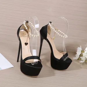 Sexy Noire Cocktail Sandales Femme 2022 Perle Bride Cheville 16 Cm Talons Aiguilles Peep Toes Bout Ouvert Sandales Talons Hauts