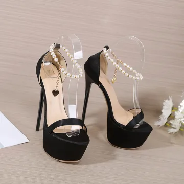 Sexy Black Cocktail Party Womens Sandals 2022 Pearl Ankle Strap 16 Cm Stiletto Heels Open Peep Toe Sandals High Heels