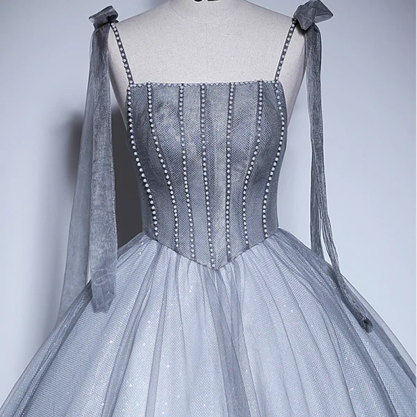 Chic / Beautiful Grey Pearl Prom Dresses 2023 Ball Gown Spaghetti Straps Sleeveless Backless Floor-Length / Long Prom Formal Dresses