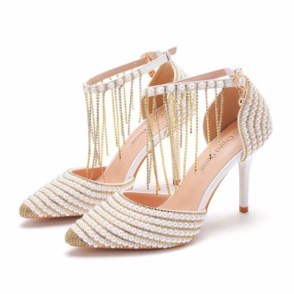 Charming Gold Rhinestone Tassel Pearl Wedding Shoes 2025 9 cm Stiletto Heels Pointed Toe Wedding High Heels