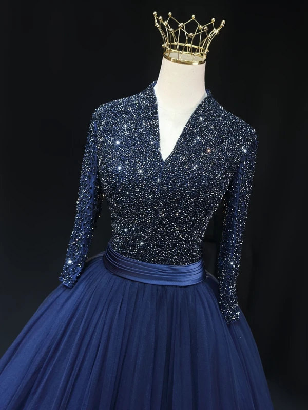 Vintage / Retro High-end Navy Blue Beading Prom Dresses 2024 Ball Gown V-Neck 3/4 Sleeve Backless Floor-Length / Long Prom Formal Dresses