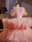 Charmant Perle Rose Volants en Cascade Perlage Paillettes Volants Robe De Bal 2025 Robe Boule Bustier Sans Manches Dos Nu Train De Balayage Tulle Promo Robe De Ceremonie