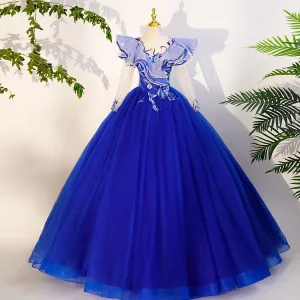 Vintage Originale Bleu Roi Paillettes En Dentelle Fleur Robe De Bal 2023 V Cou 1 2 Manches Dos Nu Longue Promo Robe De Ceremonie