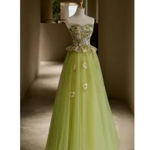 Fée Des Fleurs Vert Cendré Paillettes En Dentelle Fleur Robe De Bal 2025 Princesse Bustier Sans Manches Dos Nu Longue Robe De Ceremonie