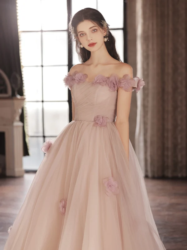 Elegant Lavender Appliques Prom Dresses 2024 A-Line / Princess Off-The-Shoulder Sleeveless Backless Floor-Length / Long Prom Formal Dresses