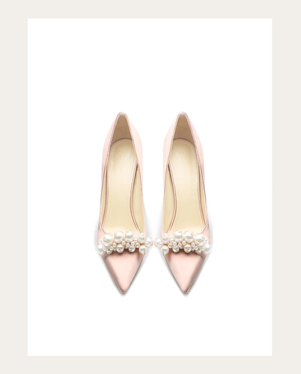 Elegant Champagne Pearl Wedding Shoes 2024 Leather 10 cm Stiletto Heels Pointed Toe Wedding Pumps High Heels