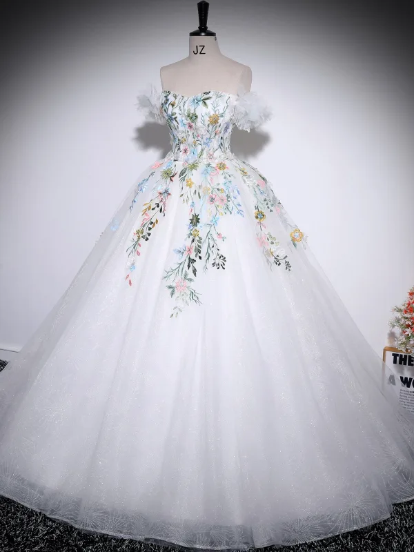 Elegant Modest / Simple White Lace Flower Appliques Prom Dresses 2025 Ball Gown Off-The-Shoulder Sleeveless Floor-Length / Long Backless Formal Dresses