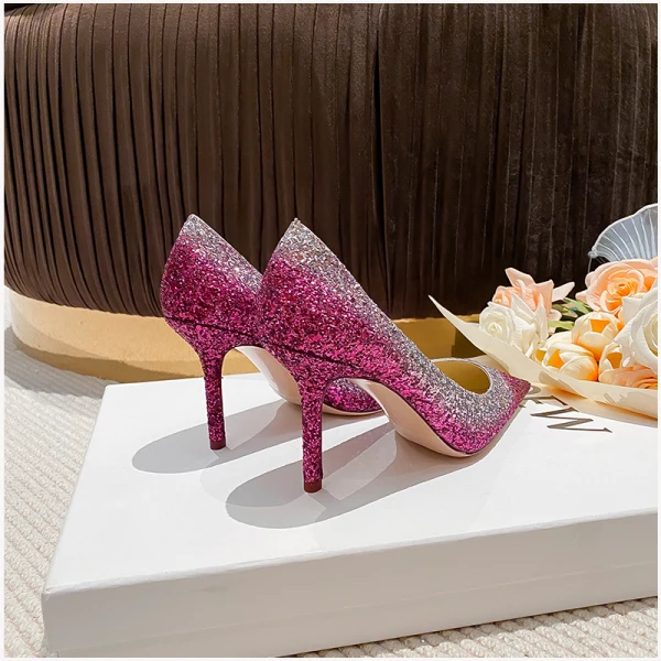 Sparkly Ocean Blue Sequins Evening Party Pumps 2023 Leather 8 cm Stiletto Heels Pointed Toe Pumps High Heels