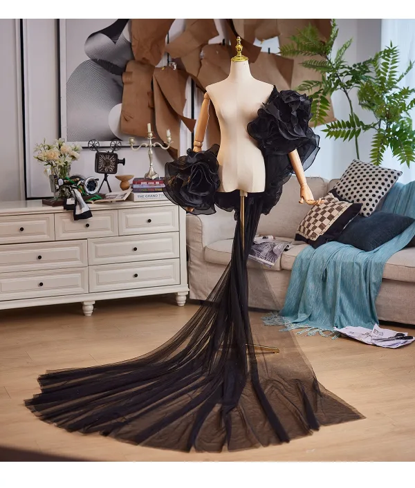 Fashion Black Handmade  Ruffle Flower Prom Shawls 2025