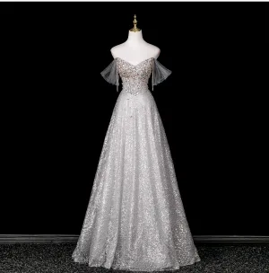 Charmant Scintillantes Argenté Faux Diamant Paillettes Robe De Bal 2025 Princesse De L Épaule Manches Courtes Dos Nu Longue Robe De Ceremonie