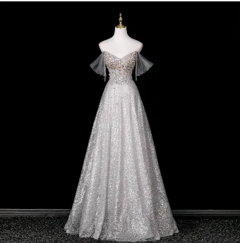 Charming Sparkly Silver Rhinestone Sequins Prom Dresses 2025 A Line Princess Off The Shoulder Short Sleeve Backless Floor Length Long Formal Dresses