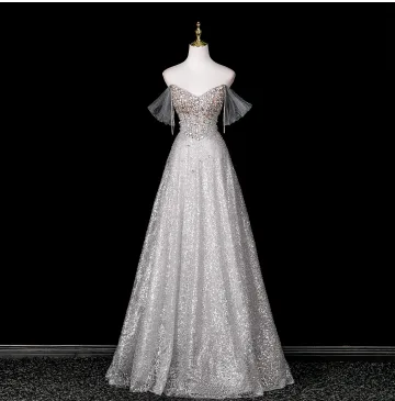 Charmig Glittrande Silver Rhinestone Paljetter Balklänningar 2025 Prinsessa Av Axeln Korta Ärm Halterneck Långa Formella Klänningar