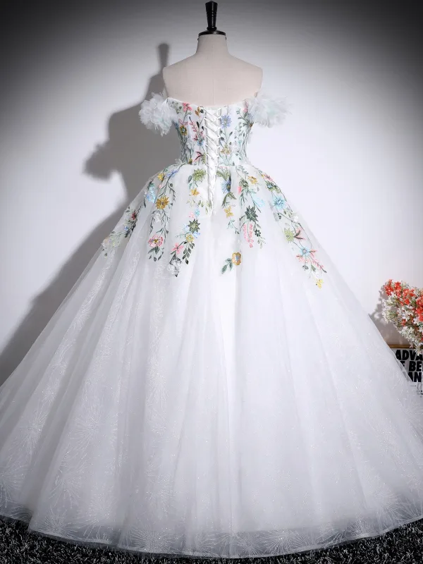 Elegant Modest / Simple White Lace Flower Appliques Prom Dresses 2025 Ball Gown Off-The-Shoulder Sleeveless Floor-Length / Long Backless Formal Dresses
