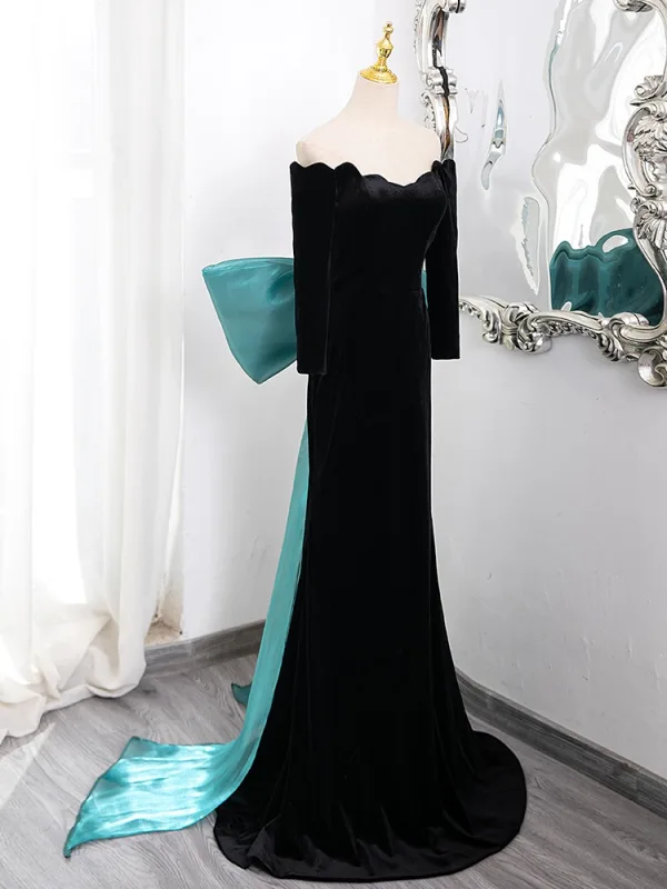 Élégant Noire Robe De Bal 2024 Trompette / Sirène De l'épaule 3/4 Manches Dos Nu Noeud Train De Balayage Promo Robe De Ceremonie