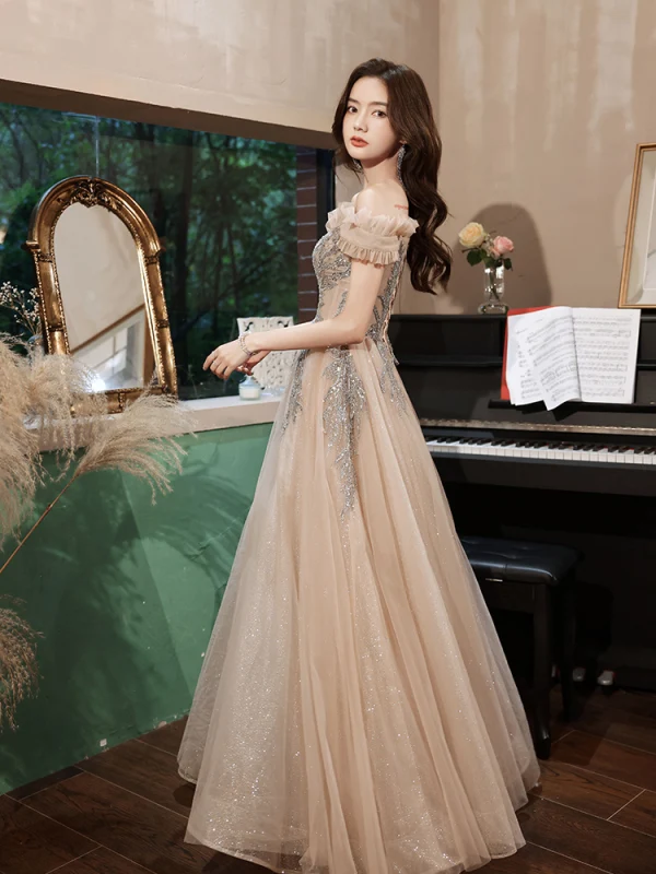 Charmant Scintillantes Kaki Paillettes Robe De Bal 2022 Princesse Volants De l'épaule Perlage Manches Courtes Dos Nu Longue Robe De Ceremonie