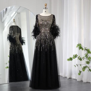 High End Black Handmade Beading Sequins Feather Prom Dresses 2024 A Line Princess Scoop Neck 1 2 Sleeves Floor Length Long Prom Formal Dresses