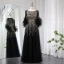 High-end Black Handmade  Beading Sequins Feather Prom Dresses 2024 A-Line / Princess Scoop Neck 1/2 Sleeves Floor-Length / Long Prom Formal Dresses