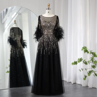 High End Black Handmade Beading Sequins Feather Prom Dresses 2024 A Line Princess Scoop Neck 1 2 Sleeves Floor Length Long Prom Formal Dresses