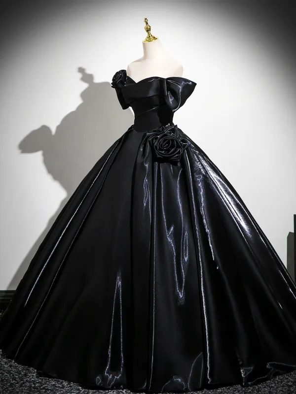Vintage / Retro Black Flower Satin Prom Dresses 2025 Ball Gown Off-The-Shoulder Short Sleeve Backless Floor-Length / Long Formal Dresses