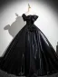 Vintage / Retro Black Flower Satin Prom Dresses 2025 Ball Gown Off-The-Shoulder Short Sleeve Backless Floor-Length / Long Formal Dresses