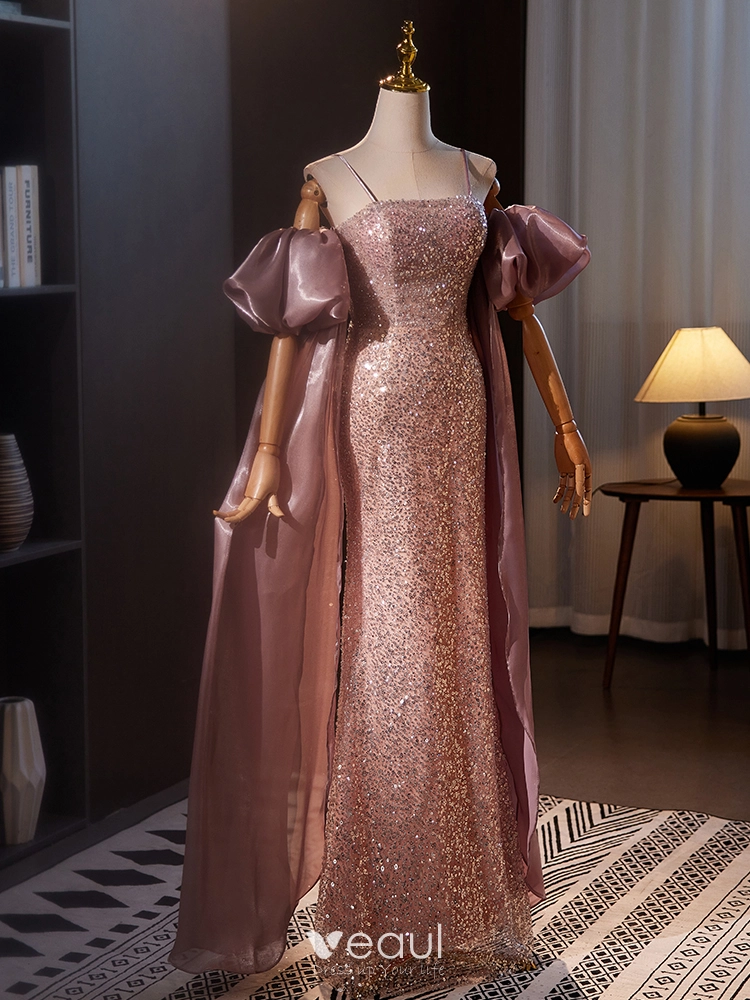 Sequin Gold Trumpet Mermaid Spaghetti Straps Prom Dress