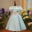 Lovely Sky Blue Birthday Flower Girl Dresses 2022 Ball Gown Square Neckline Puffy Short Sleeve Beading Appliques Pearl Rhinestone Floor-Length / Long Flower Girl Dresses