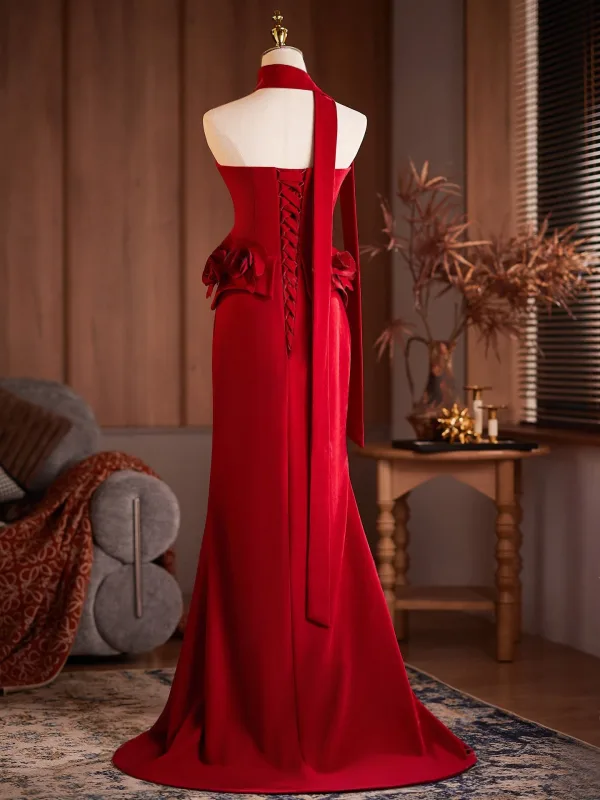 Vintage / Retro Red Appliques Prom Dresses 2026 Trumpet / Mermaid Strapless Sleeveless Backless Sweep Train Formal Dresses