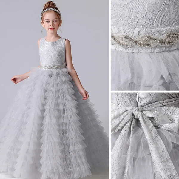 Chic / Beautiful Grey Cascading Ruffles Birthday Flower Girl Dresses 2022 A-Line / Princess Scoop Neck Sleeveless Bow Sash Floor-Length / Long Flower Girl Dresses