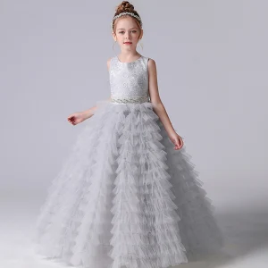Chic Beautiful Grey Cascading Ruffles Birthday Flower Girl Dresses 2022 A Line Princess Scoop Neck Sleeveless Bow Sash Floor Length Long Flower Girl Dresses