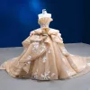 Luxury / Gorgeous Champagne Lace Flower Cascading Ruffles Wedding Dresses 2022 Ball Gown Strapless Sleeveless Backless Royal Train Wedding