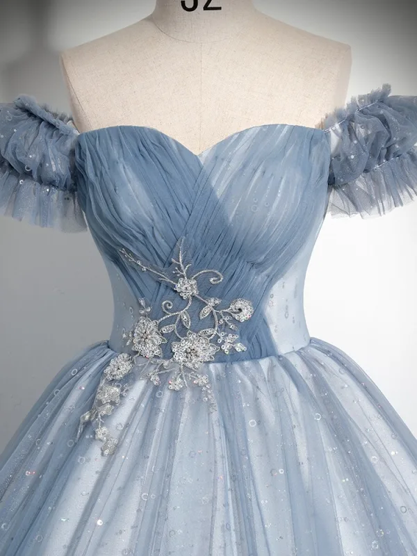 Élégant Bleu Ciel Perlage Paillettes En Dentelle Fleur Robe De Bal 2025 De l'épaule Manches Courtes Dos Nu Longue Robe De Ceremonie