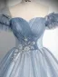 Élégant Bleu Ciel Perlage Paillettes En Dentelle Fleur Robe De Bal 2025 De l'épaule Manches Courtes Dos Nu Longue Robe De Ceremonie