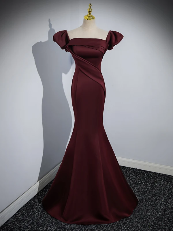 Sexy Burgundy Satin Evening Dresses 2023 Trumpet / Mermaid Off-The-Shoulder Short Sleeve Backless Floor-Length / Long Evening Party Formal Dresses