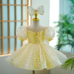 Chic Beautiful Yellow Short Beading Sequins Birthday Flower Girl Dresses 2023 Ball Gown Scoop Neck Puffy Short Sleeve Flower Girl Dresses