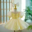 Chic / Beautiful Yellow Short Beading Sequins Birthday Flower Girl Dresses 2023 Ball Gown Scoop Neck Puffy Short Sleeve Flower Girl Dresses
