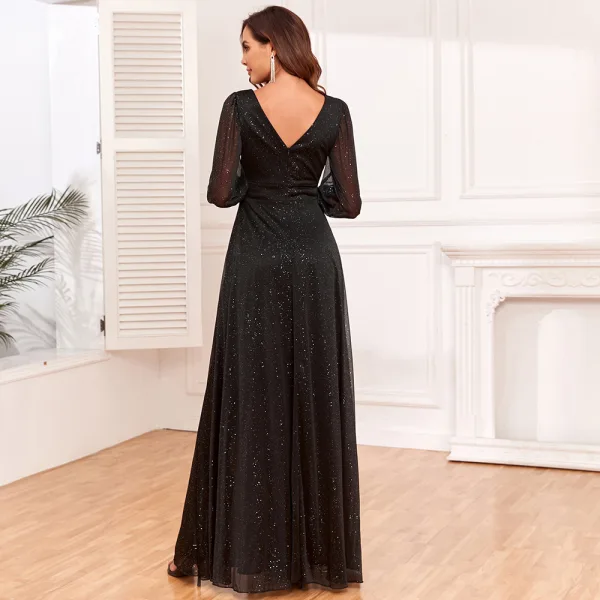 Chic / Beautiful Black Glitter Split Front Prom Dresses 2024 A-Line /  Princess V-Neck Long Sleeve