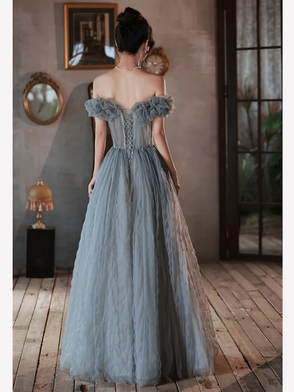 Chic / Belle Gris Volants Robe De Bal 2022 Princesse De l'épaule Manches Courtes Dos Nu Longue Promo Robe De Ceremonie